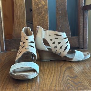 Sofft Gold and Tan Sandals with Intricate Cutouts